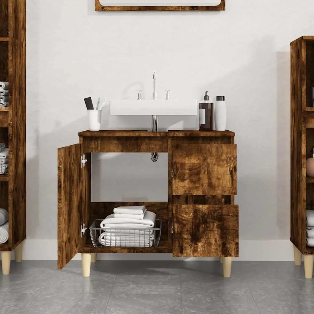 Bathroom Cabinet Engineered Wood 65x33x60cm Smoked Oak 2 Drawers