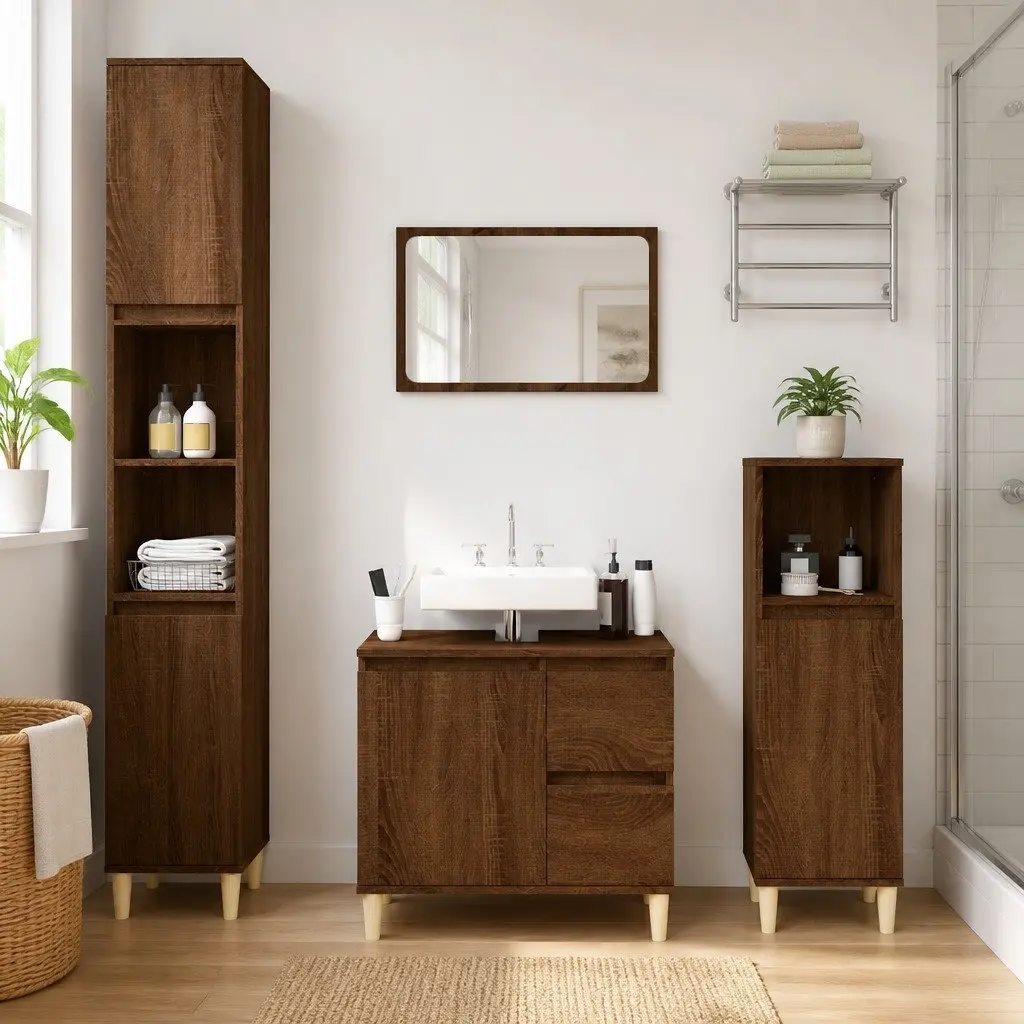 Bathroom Cabinet Engineered Wood 65x33x60cm Brown Oak Storage Cupboard