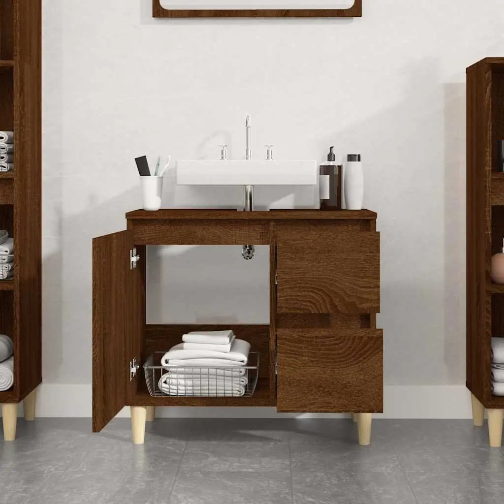 Bathroom Cabinet Engineered Wood 65x33x60cm Brown Oak Storage Cupboard