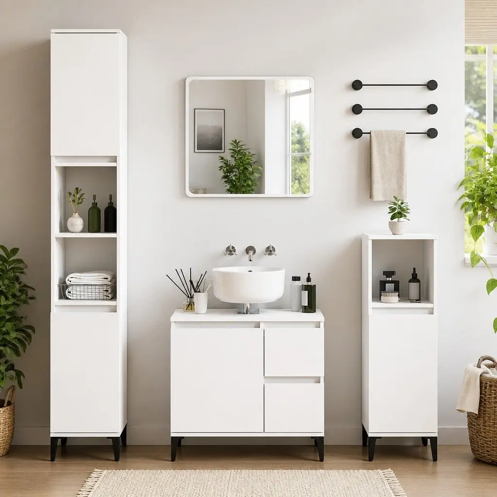 Bathroom Cabinet Engineered Wood 65x33x60 cm White Vanity Storage Unit with Drawers and Door