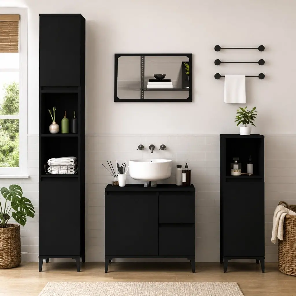 Bathroom Storage Unit Engineered Wood Black Vanity Cabinet 2 Drawers Compartment
