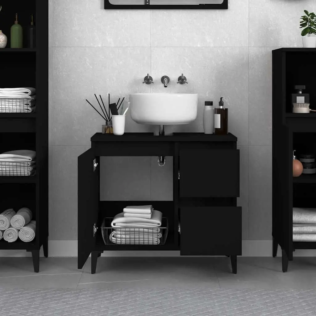 Bathroom Storage Unit Engineered Wood Black Vanity Cabinet 2 Drawers Compartment