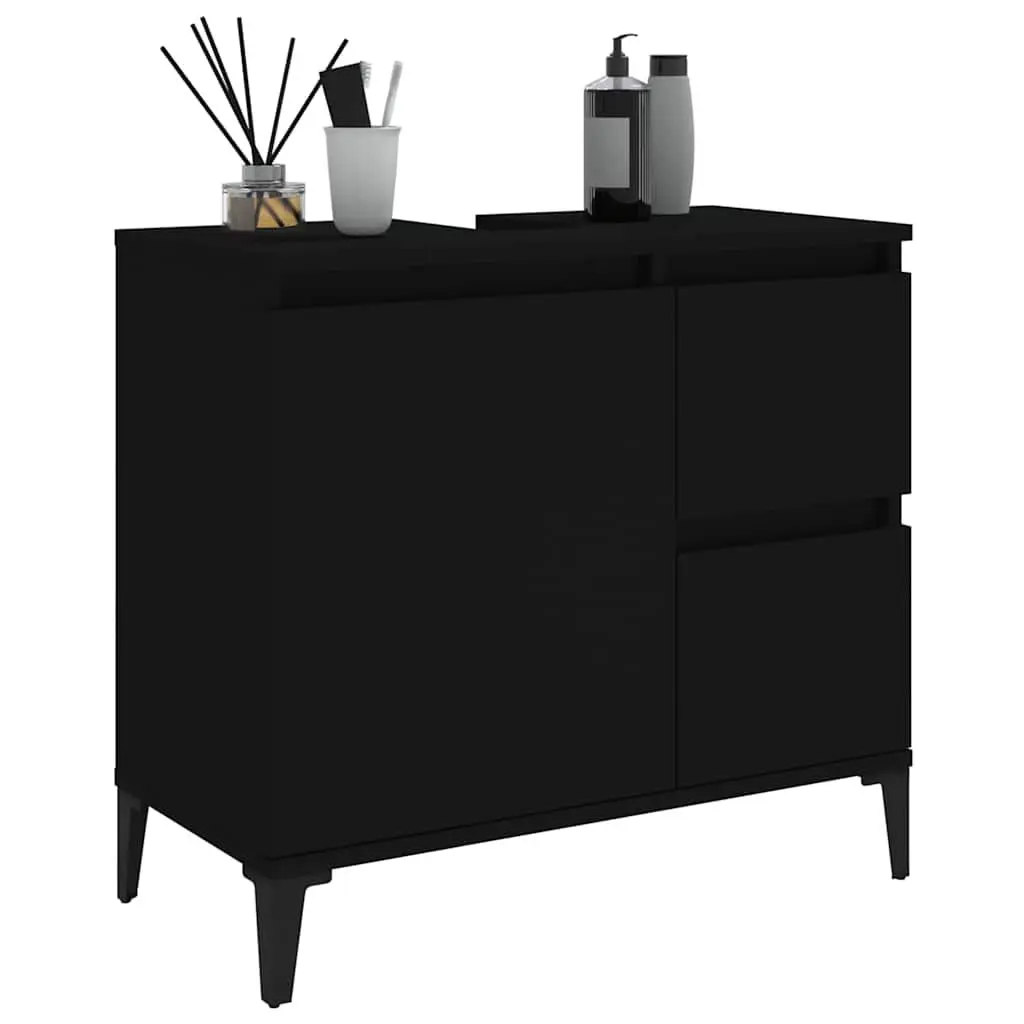 Bathroom Storage Unit Engineered Wood Black Vanity Cabinet 2 Drawers Compartment
