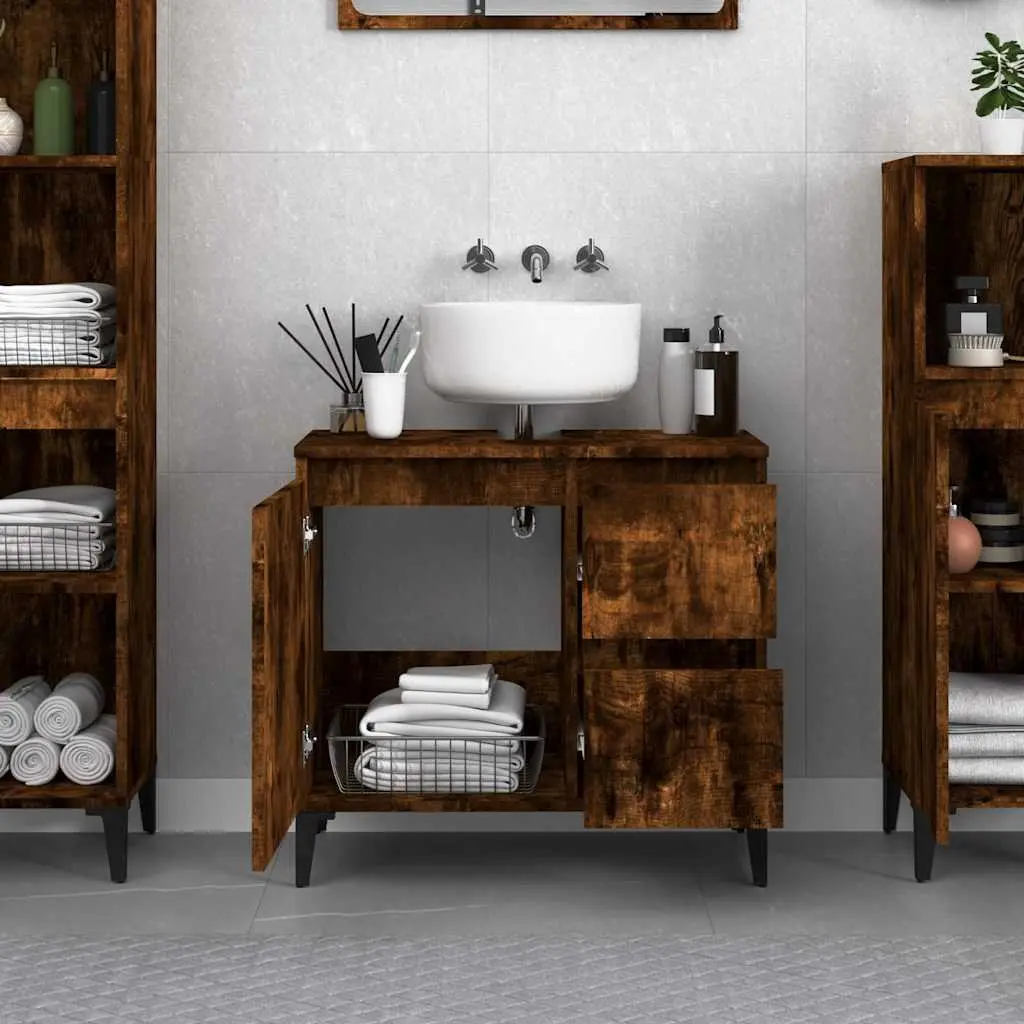 Bathroom Cabinet Storage Unit Engineered Wood Brown 65x33x60cm with 2 Drawers and 1 Door Compartment