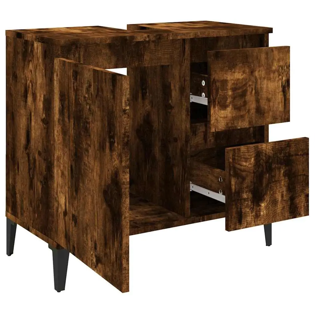 Bathroom Cabinet Storage Unit Engineered Wood Brown 65x33x60cm with 2 Drawers and 1 Door Compartment
