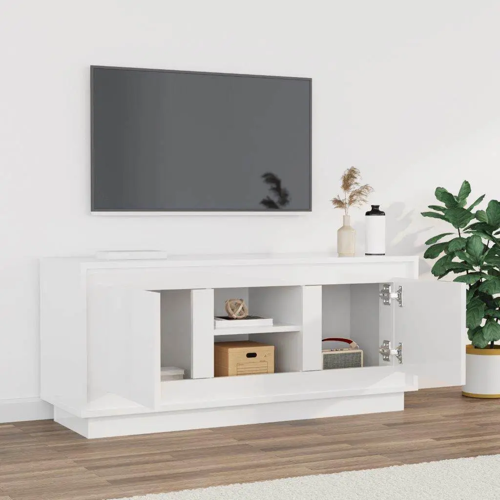 TV Cabinet Engineered Wood 102x35x45cm White High Gloss Modern Media Storage Unit