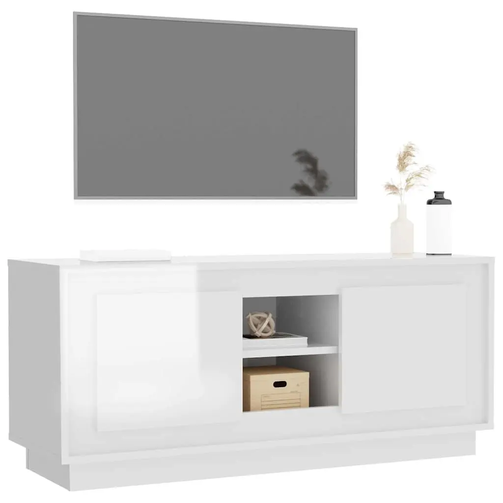 TV Cabinet Engineered Wood 102x35x45cm White High Gloss Modern Media Storage Unit
