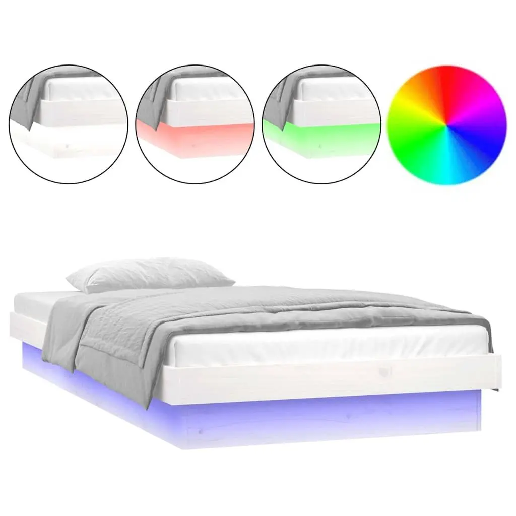 LED Bed Frame Solid Pine Wood Slatted Base 90x190cm White with Remote Control LED Lights
