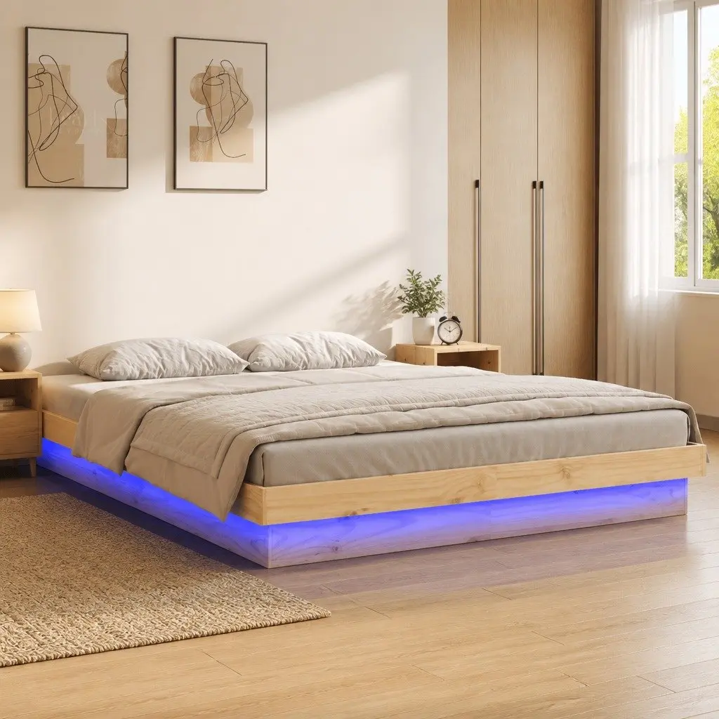 LED Light Bed Frame Solid Pine Wood Brown 135x190 cm Bedroom Furniture
