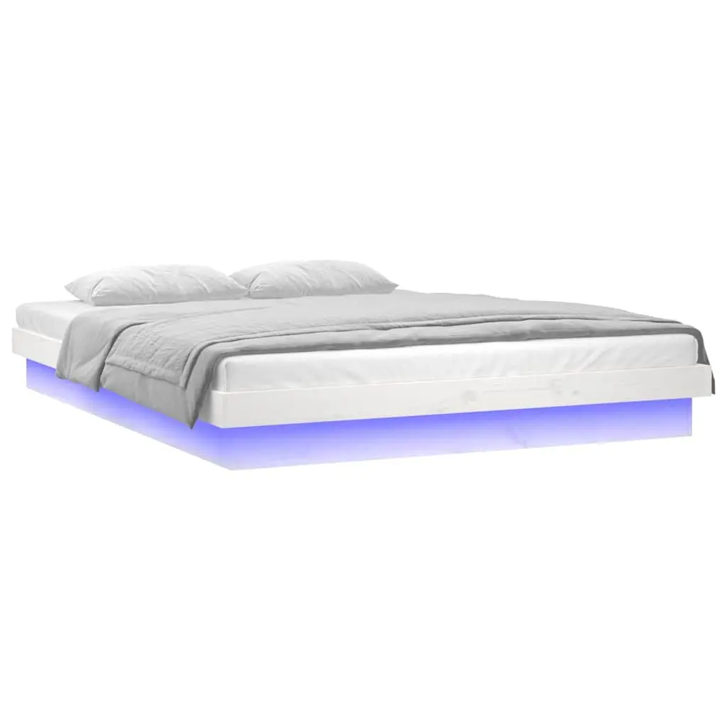 Colourful LED Light Bed Frame Slatted Solid Pine Wood White 135x190 cm