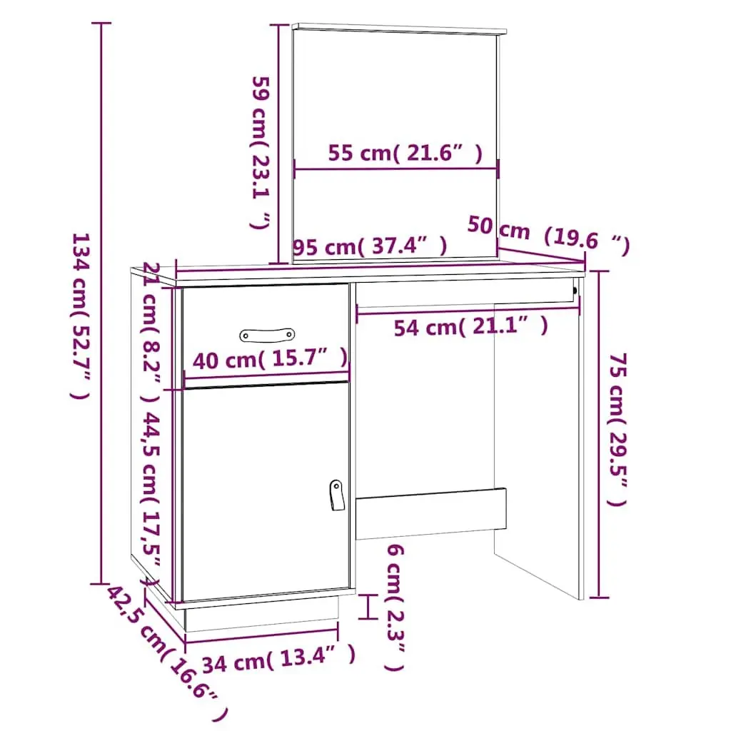 Dressing Table 95x50x134 cm Solid Pine Wood Vanity with Mirror Drawer Storage
