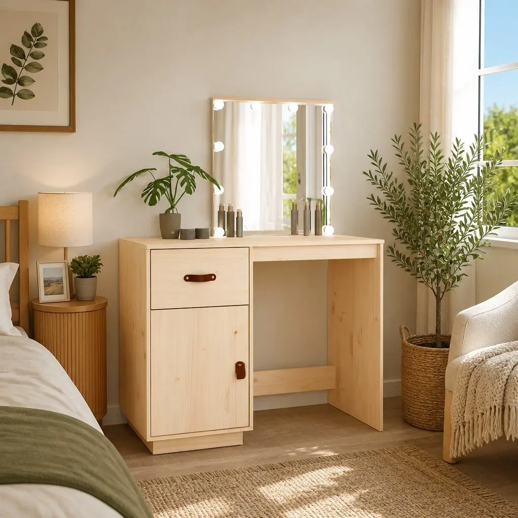 Dressing Table Solid Pine Wood Brown LED Mirror Vanity Desk