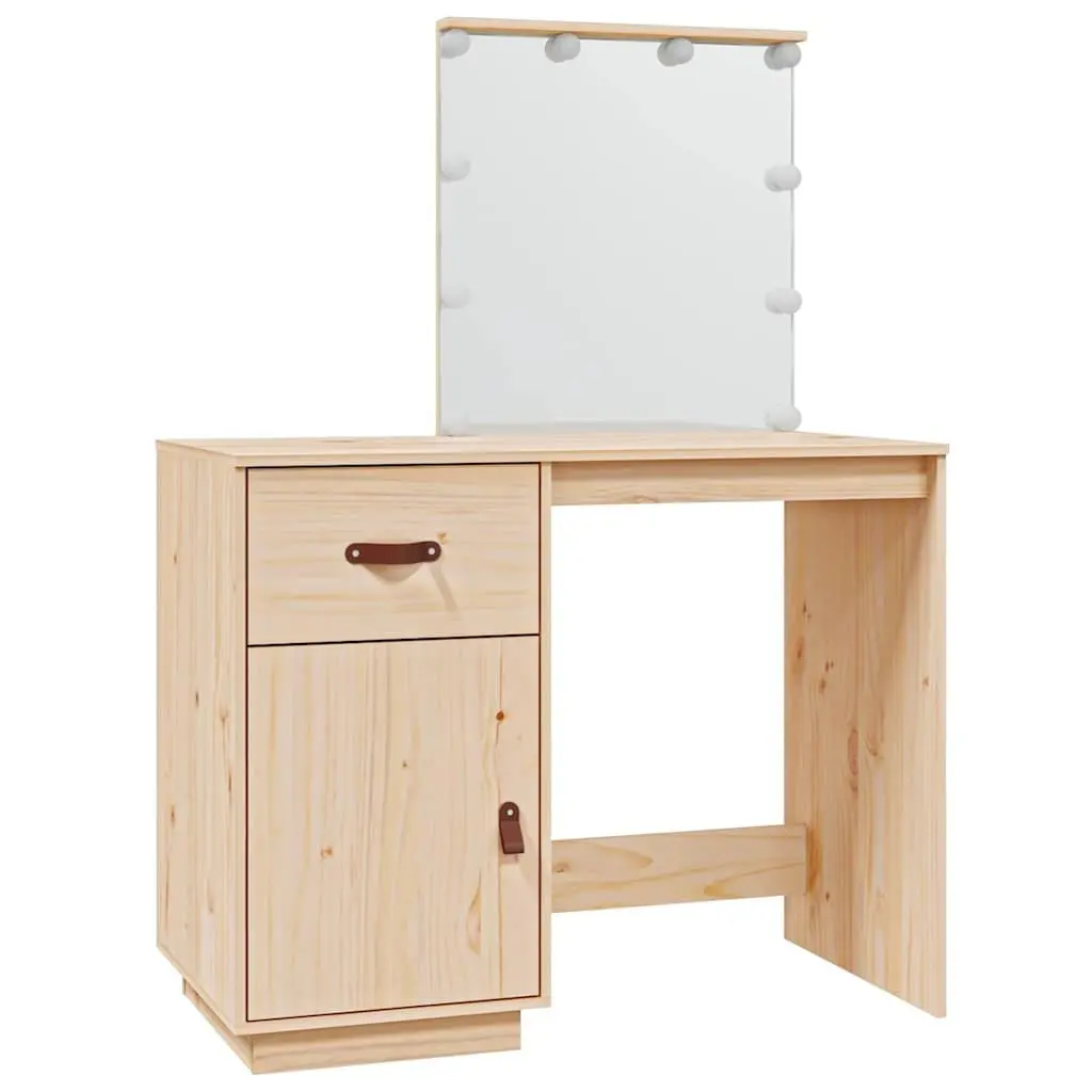 Dressing Table Solid Pine Wood Brown LED Mirror Vanity Desk