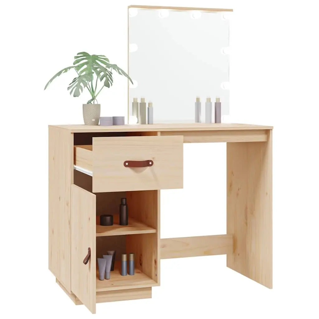Dressing Table Solid Pine Wood Brown LED Mirror Vanity Desk