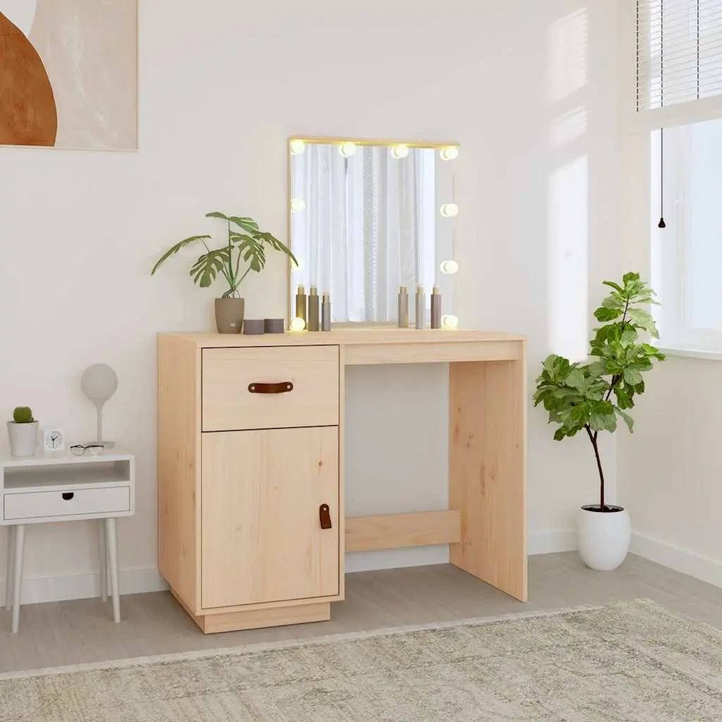 Dressing Table Solid Pine Wood Brown LED Mirror Vanity Desk