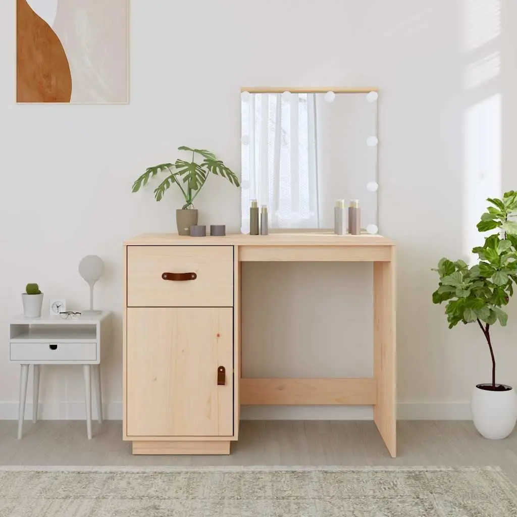 Dressing Table Solid Pine Wood Brown LED Mirror Vanity Desk