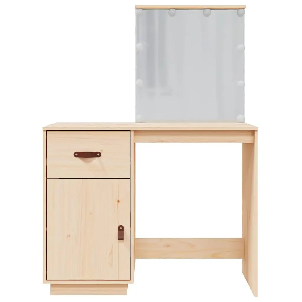 Dressing Table Solid Pine Wood Brown LED Mirror Vanity Desk