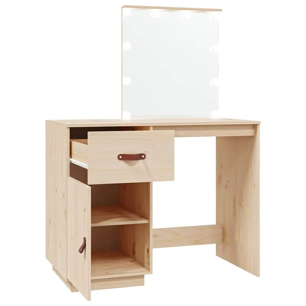 Dressing Table Solid Pine Wood Brown LED Mirror Vanity Desk