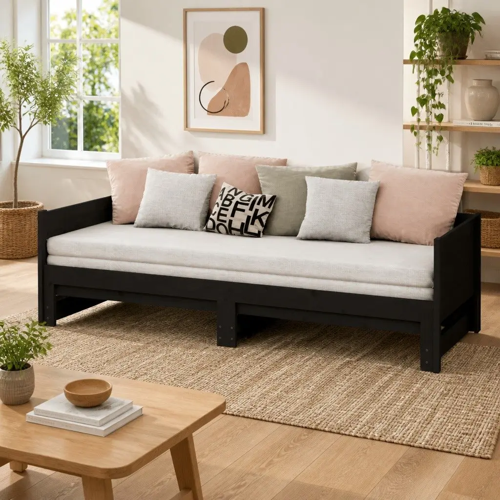 Day Bed Sofa Bed Frame Wooden Convertible 90x190cm Black