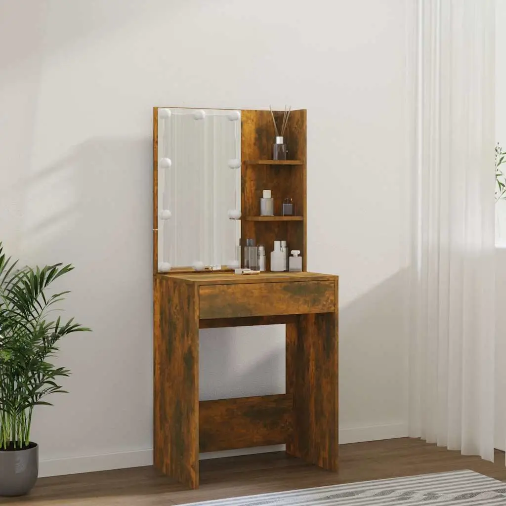 Dressing Table with LED Mirror and Storage Drawers Makeup Vanity Smoked Oak