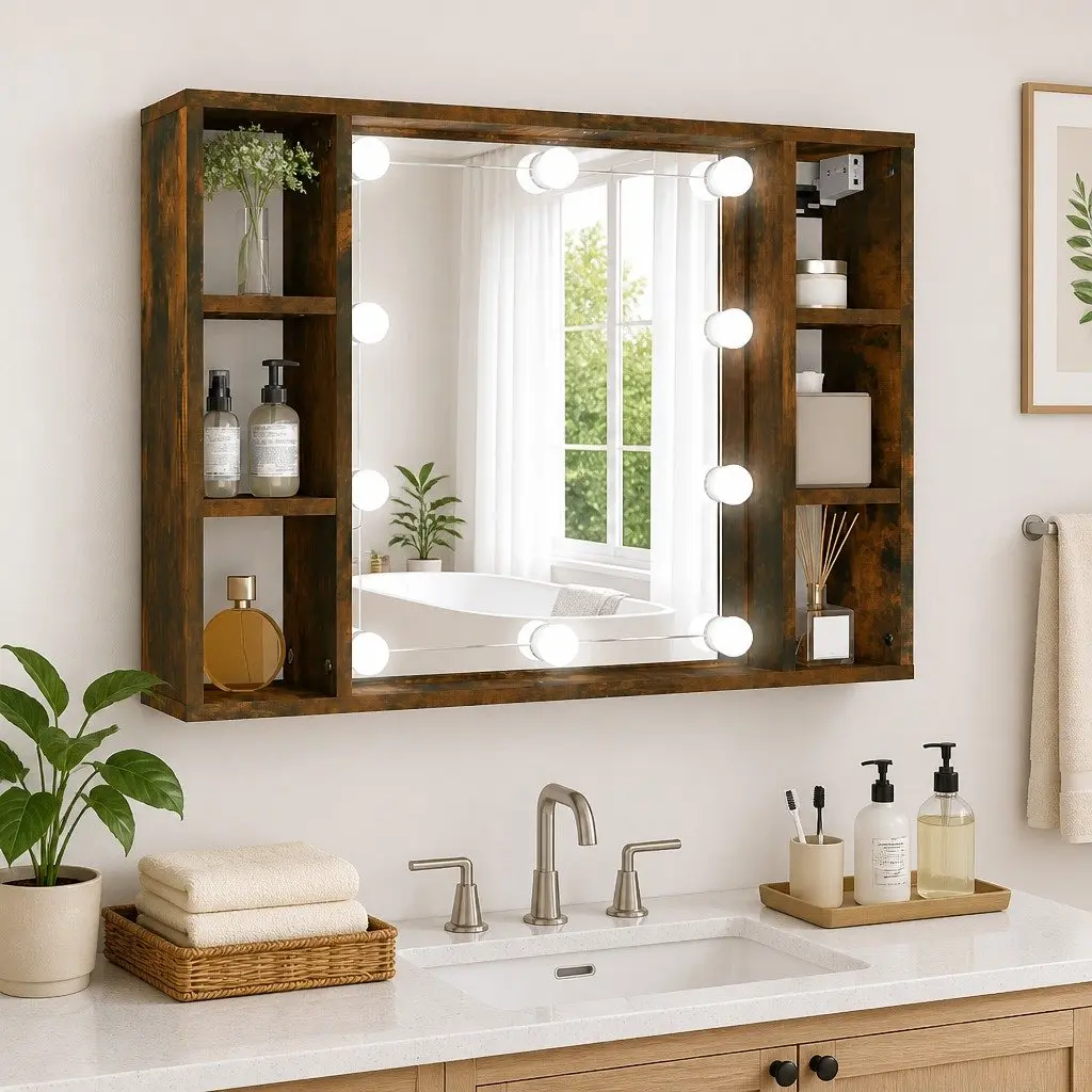 Mirror Cabinet Engineered Wood Wall-Mounted Bathroom Storage Organizer 76x15x55cm Brown