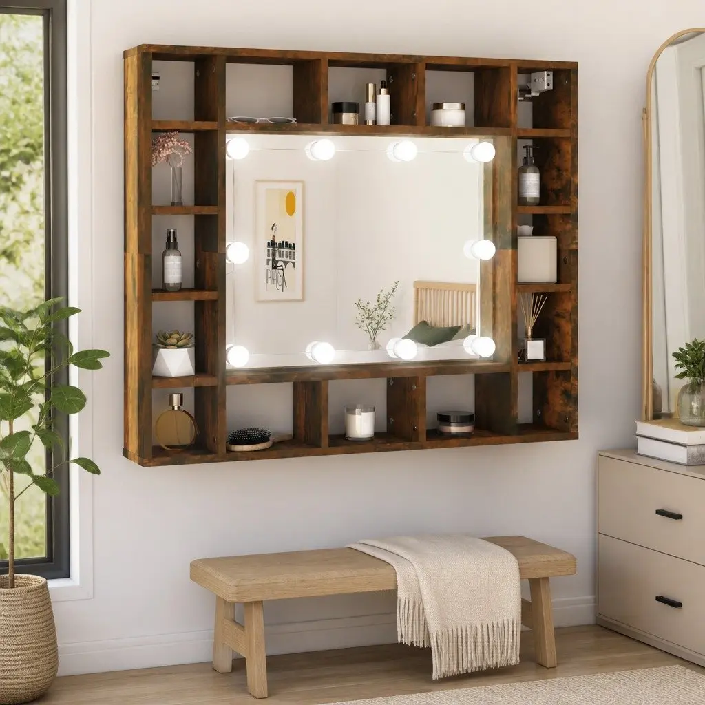 Bathroom Cabinet Engineered Wood Wall-Mounted Storage Mirror with LED Lights Brown