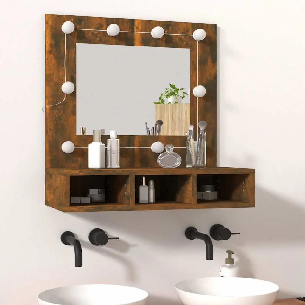 Mirror Cabinet with LED Lights Brown Bathroom Vanity Storage Shelf Unit