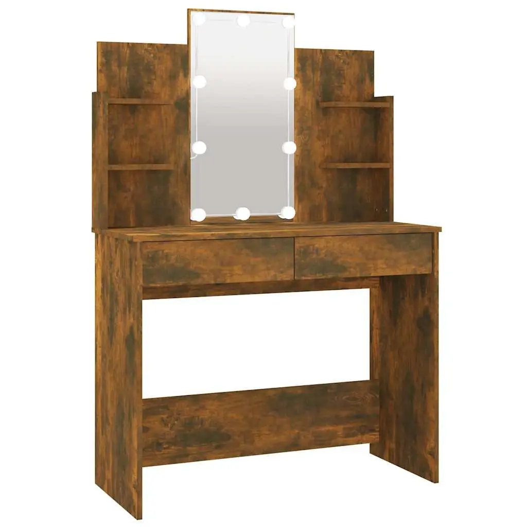 Dressing Table Engineered Wood 96cm Brown with LED Mirror Storage Drawers