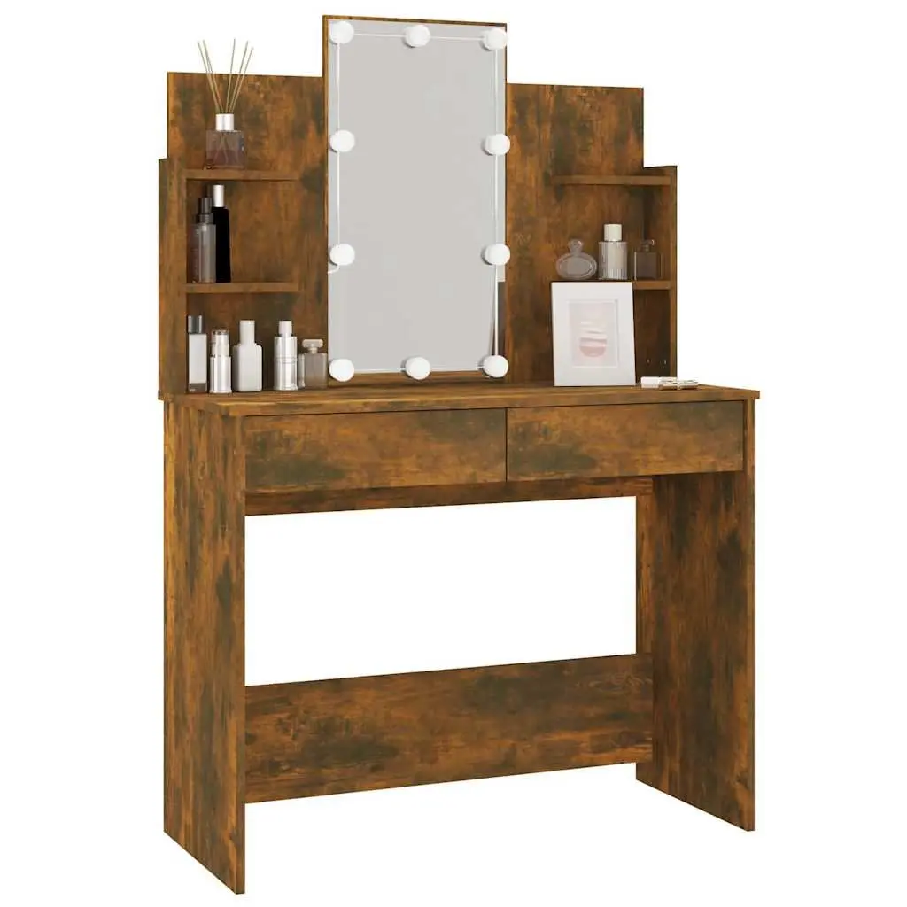 Dressing Table Engineered Wood 96cm Brown with LED Mirror Storage Drawers