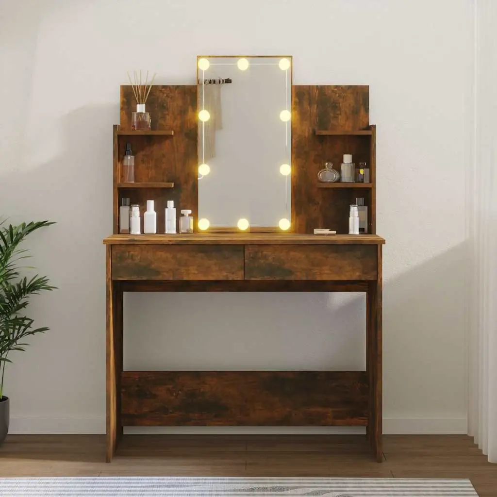Dressing Table Engineered Wood 96cm Brown with LED Mirror Storage Drawers