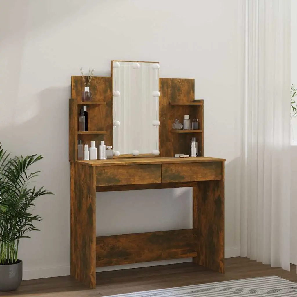 Dressing Table Engineered Wood 96cm Brown with LED Mirror Storage Drawers