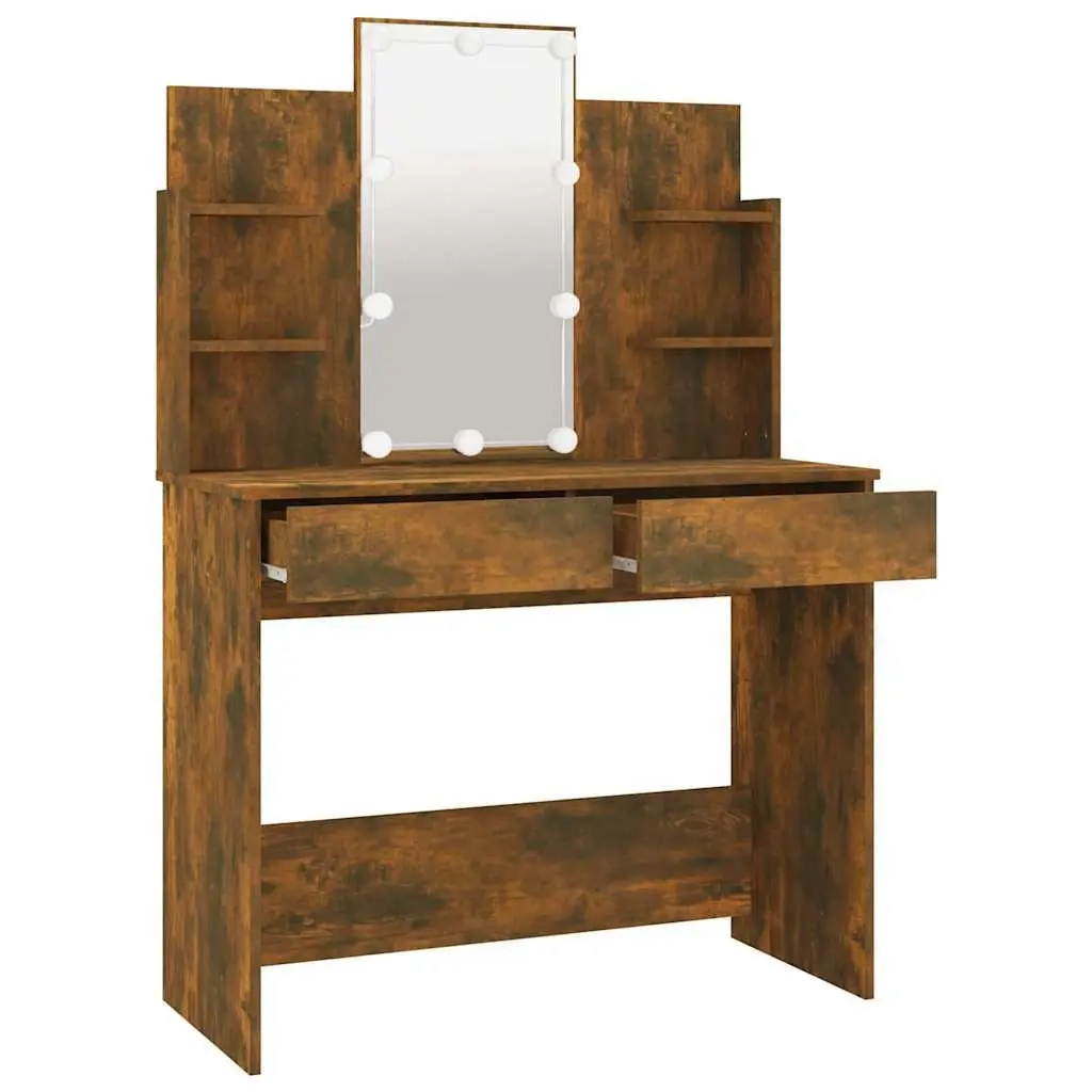 Dressing Table Engineered Wood 96cm Brown with LED Mirror Storage Drawers