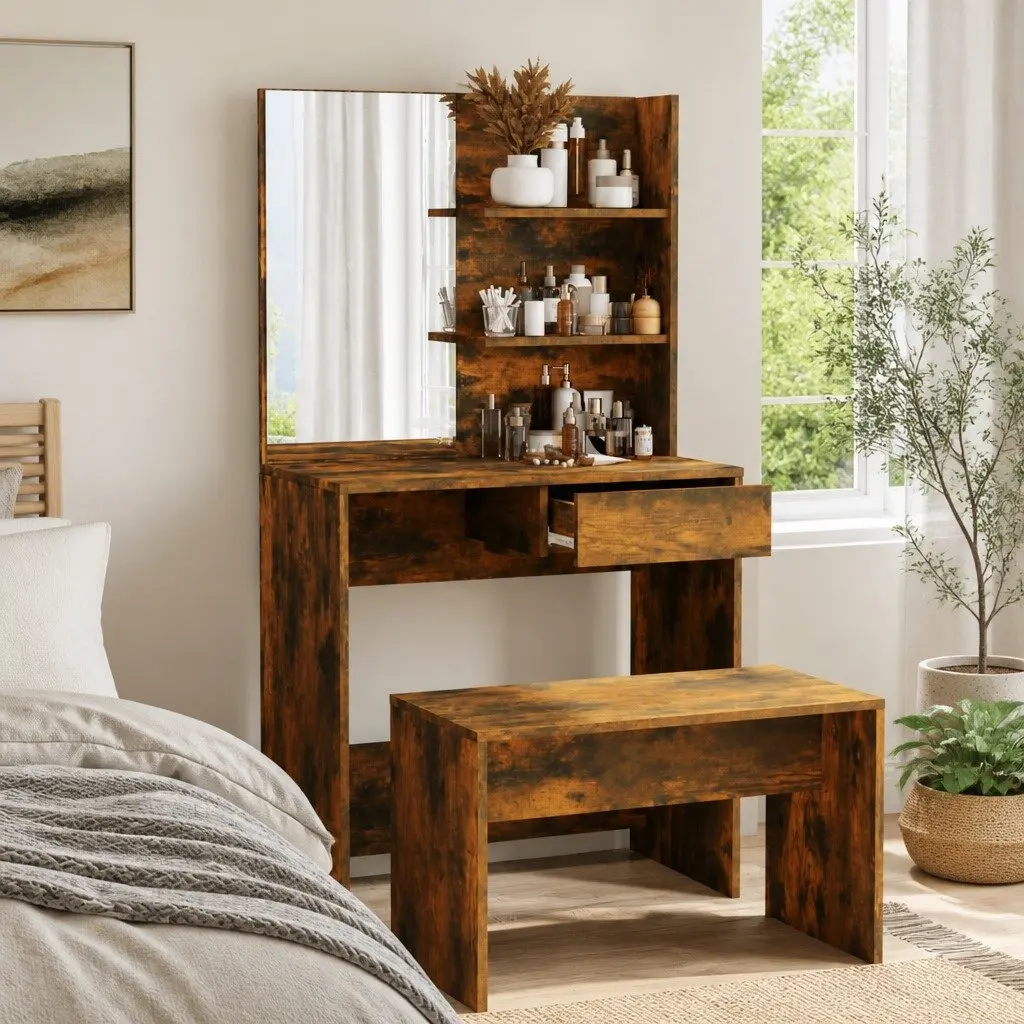 Dressing Table Engineered Wood Smoked Oak Brown with Mirror and Storage Drawer