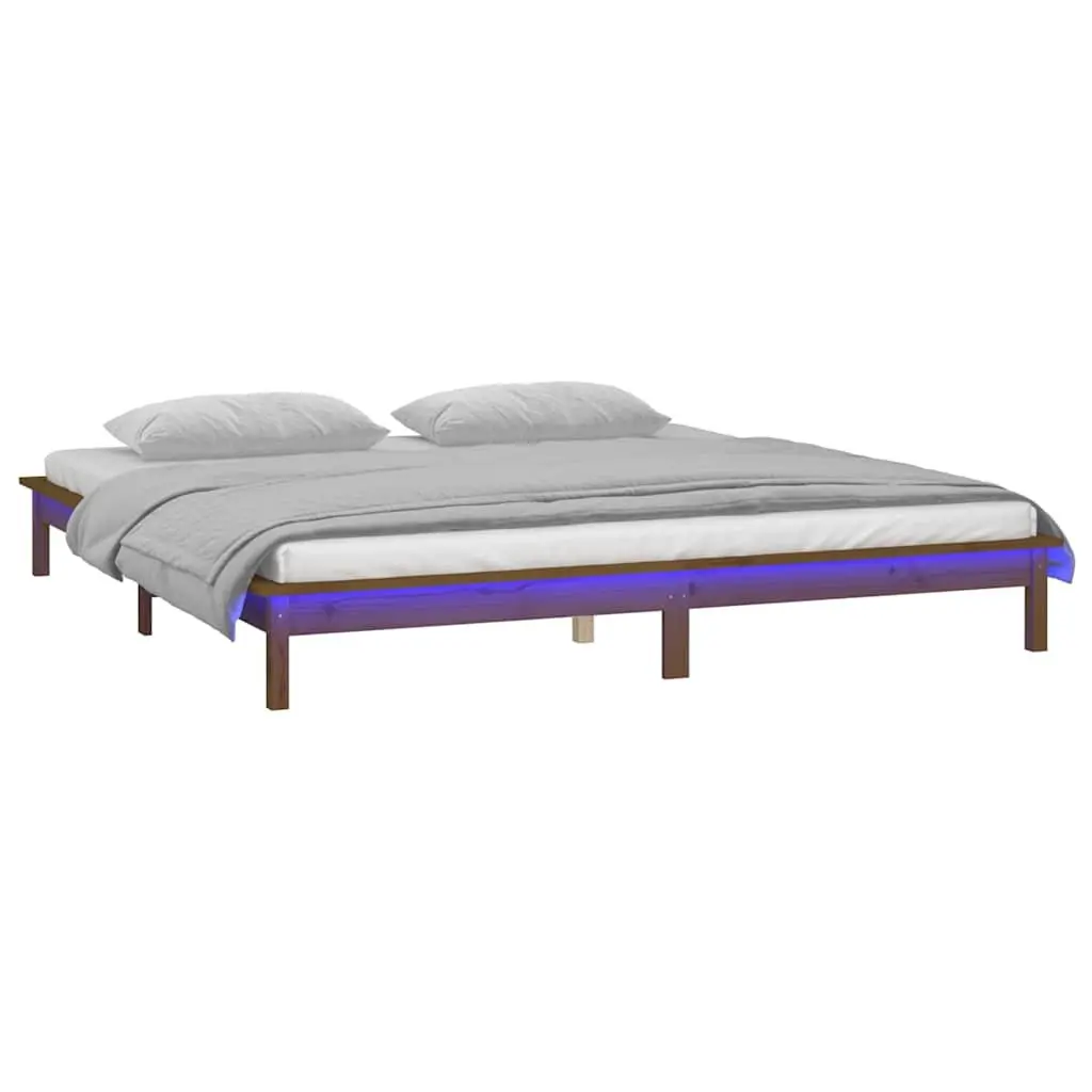 LED Bed Frame Solid Pine Wood Honey Brown 135x190 cm Bedroom Furniture