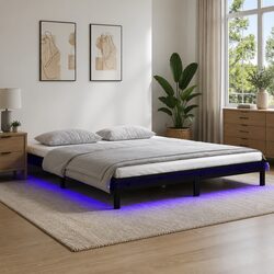 Practical Black Wooden Bed Frame with LED Lights 135x190 cm