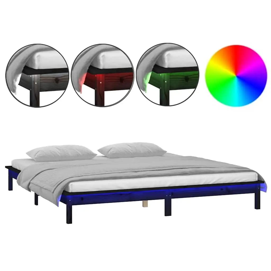 LED Bed Frame Solid Pine Wood 135x190 cm Black