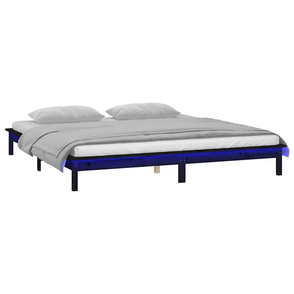 LED Bed Frame Solid Pine Wood 135x190 cm Black