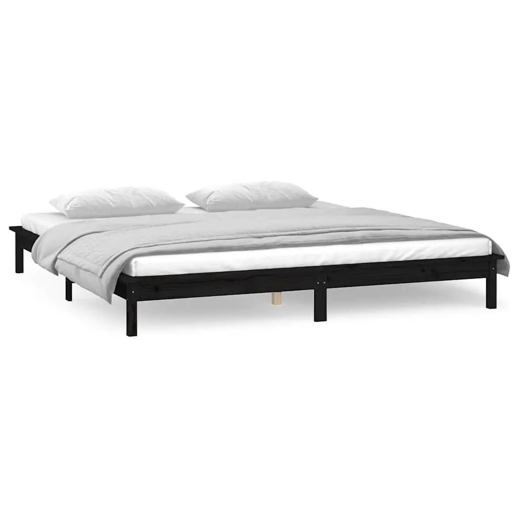 LED Bed Frame Solid Pine Wood 135x190 cm Black