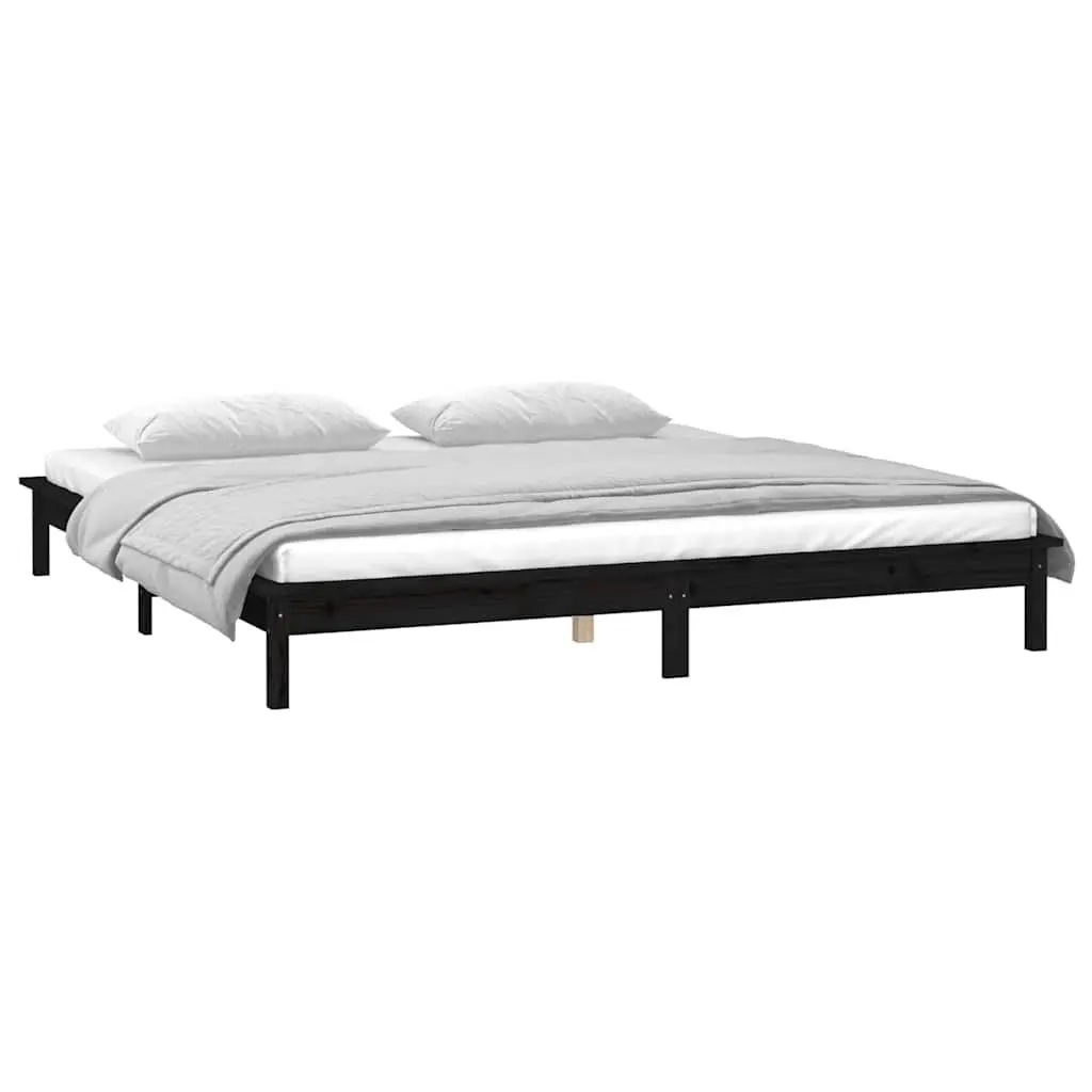 LED Bed Frame Solid Pine Wood 135x190 cm Black