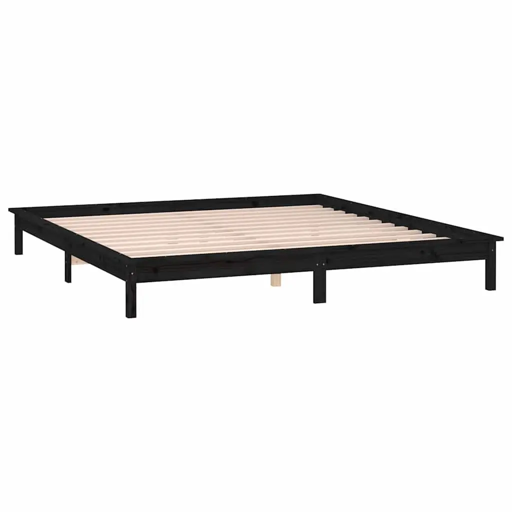 LED Bed Frame Solid Pine Wood 135x190 cm Black
