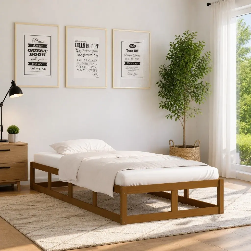 Single Bed Frame Brown 100x200 cm Solid Pine Wood with Plywood Slats for Bedroom Furniture