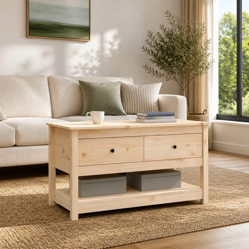 Coffee Table Solid Pine Wood Brown 102x49x55cm with Storage Drawers Open Shelf