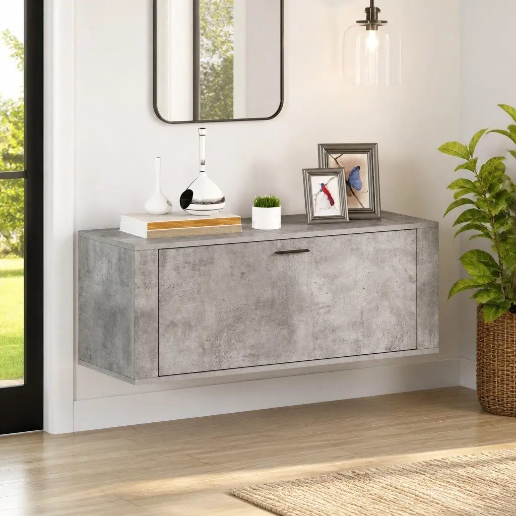 Wall Shoe Cabinet Engineered Wood 100 x 35 x 38 cm Grey Compact Storage Organiser Drop-Down Door