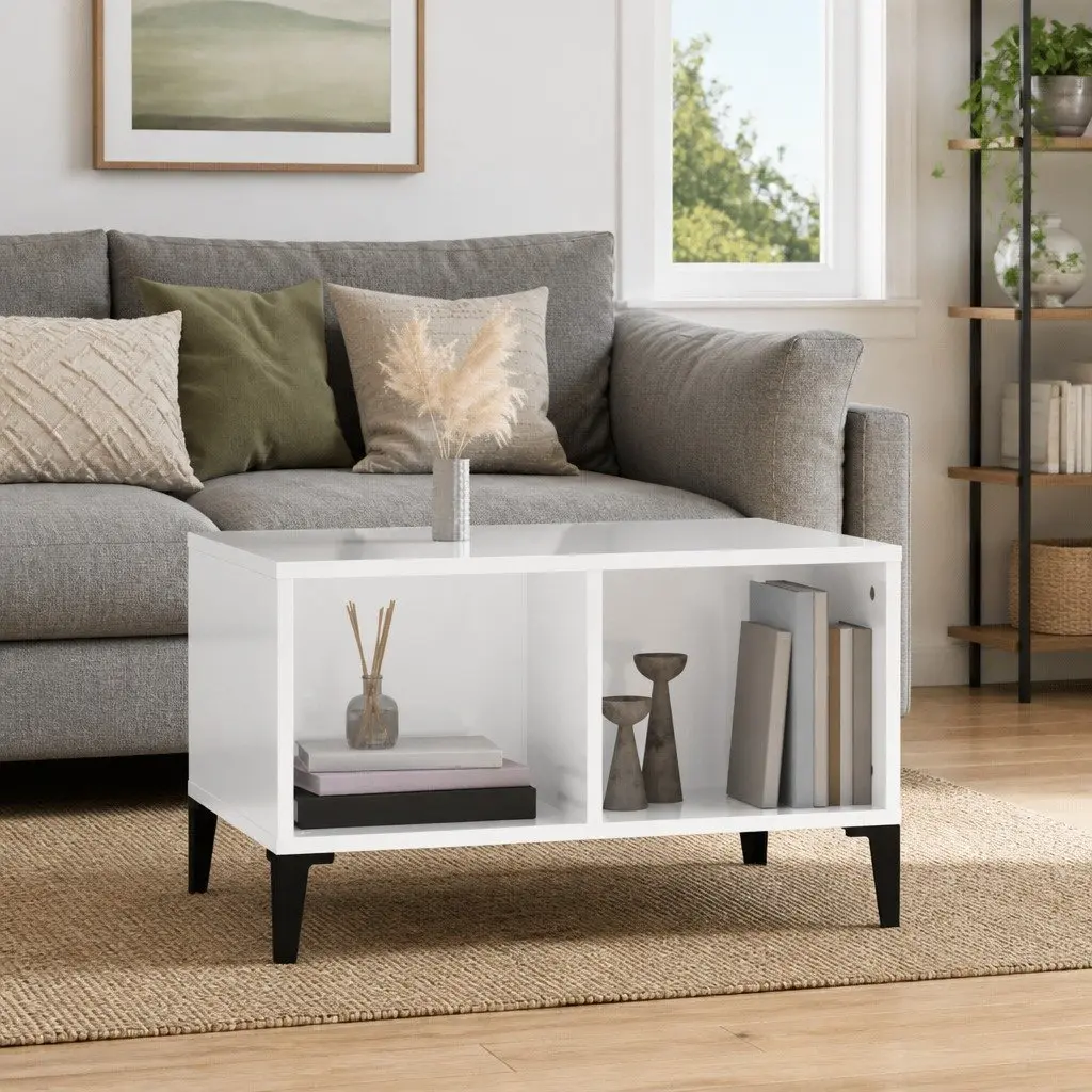 Coffee Table Engineered Wood High Gloss White 60x50x36.5 cm Open Storage Compartments