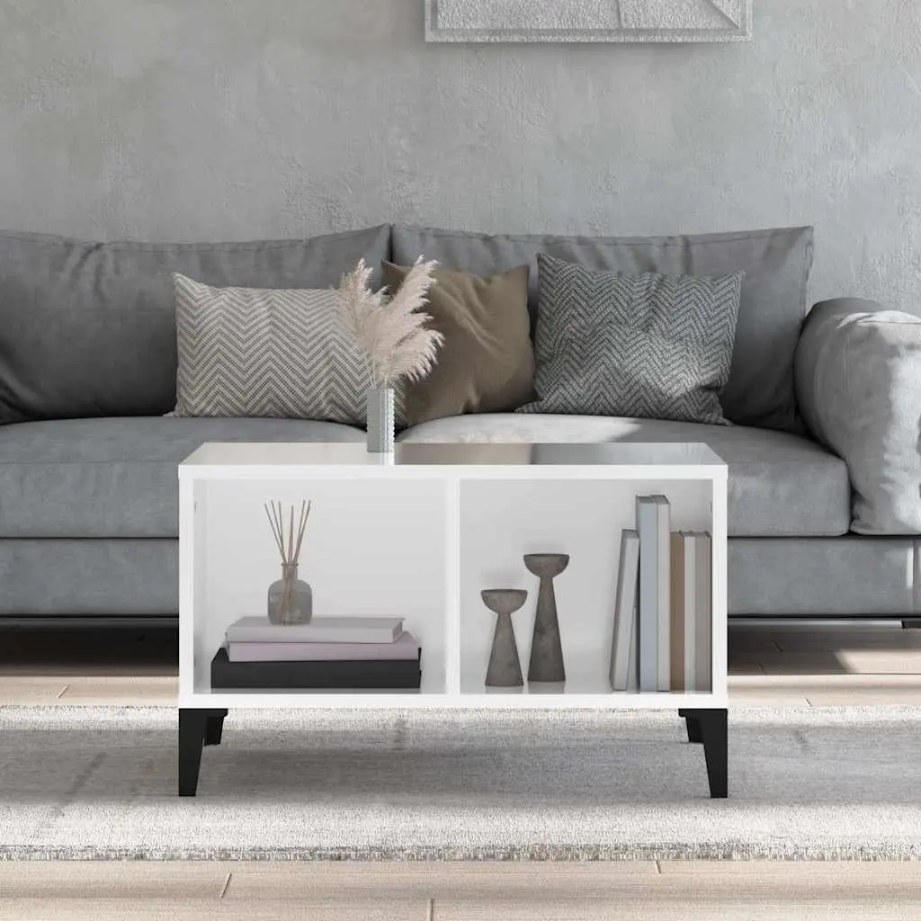 Coffee Table Engineered Wood High Gloss White 60x50x36.5 cm Open Storage Compartments