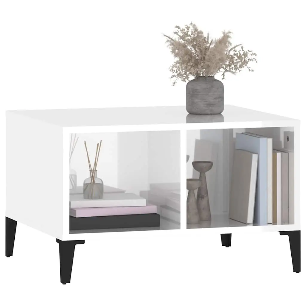 Coffee Table Engineered Wood High Gloss White 60x50x36.5 cm Open Storage Compartments