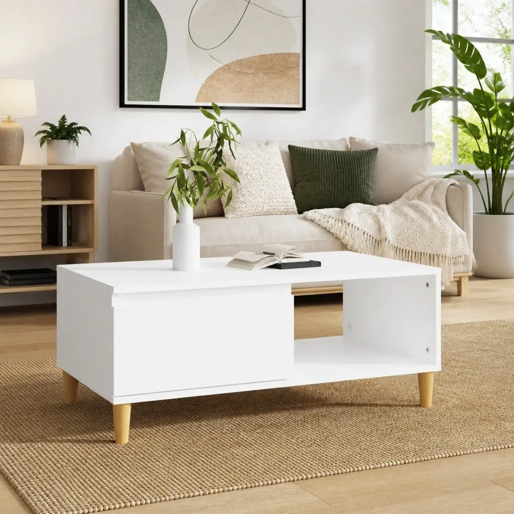 Coffee Table Engineered Wood 90 x 50 x 36.5 cm White Scandinavian Style with Storage Drawer and Open Compartment