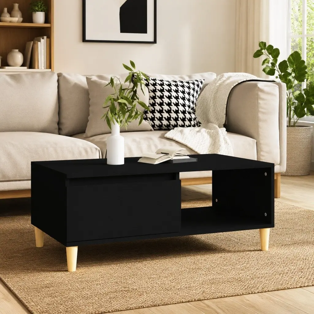Coffee Table Engineered Wood 90 x 50 x 36.5 cm Black Scandinavian Style with Storage Drawer and Open Compartment