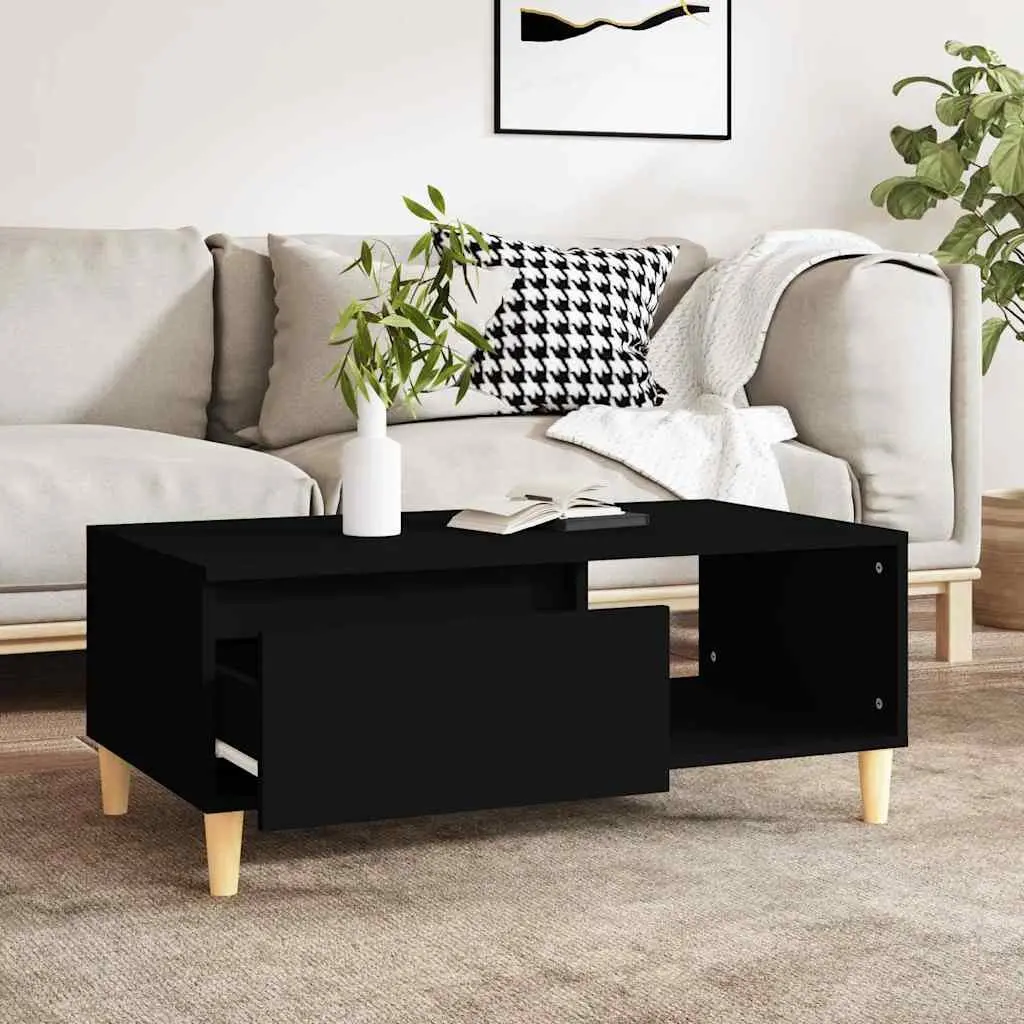 Coffee Table Engineered Wood 90 x 50 x 36.5 cm Black Scandinavian Style with Storage Drawer and Open Compartment