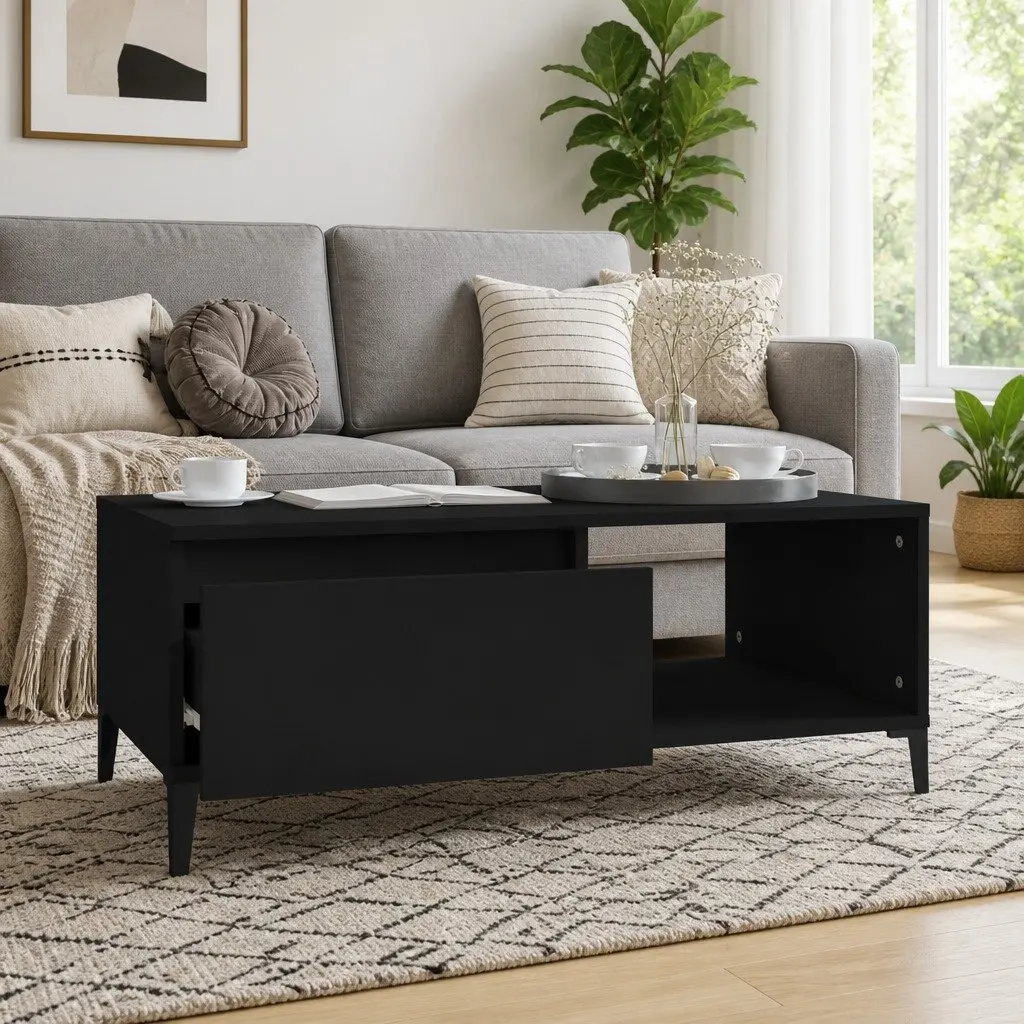 Coffee Table Engineered Wood Black Industrial 1 Drawer Open Compartment